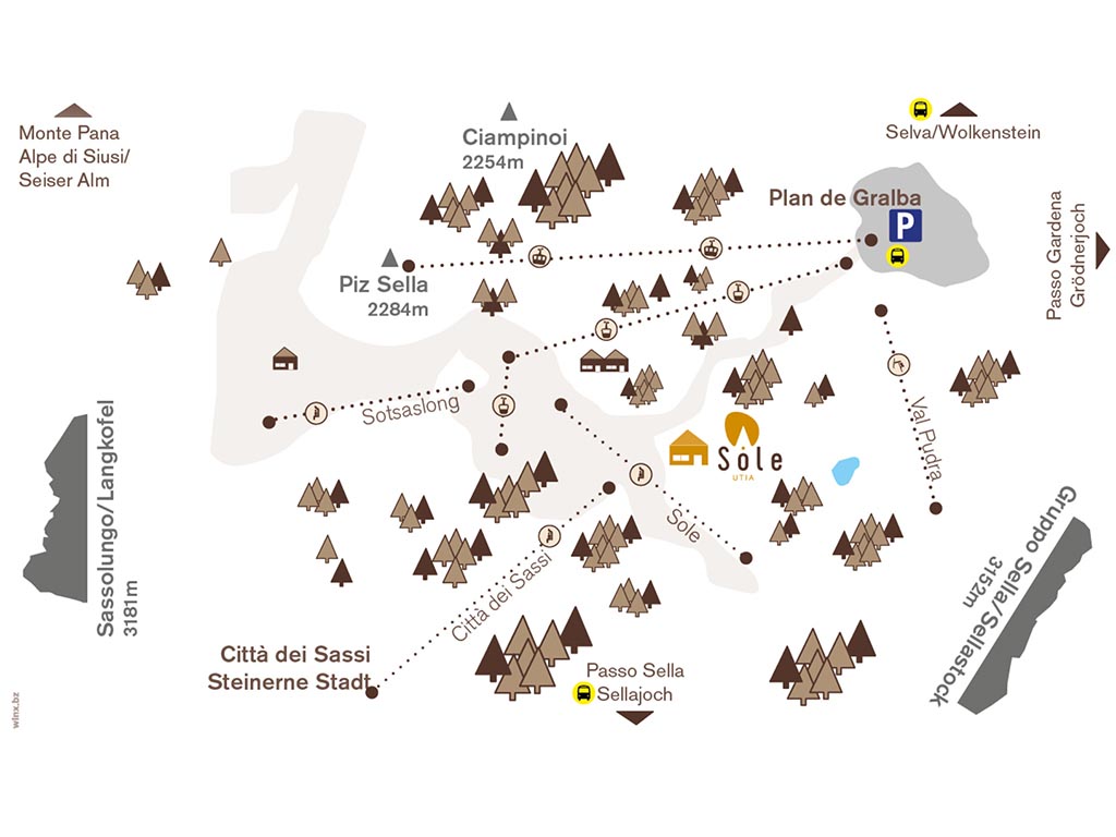 Cartina sci Selva di Val Gardena - Plan de Gralba - Città dei Sassi - Sellaronda