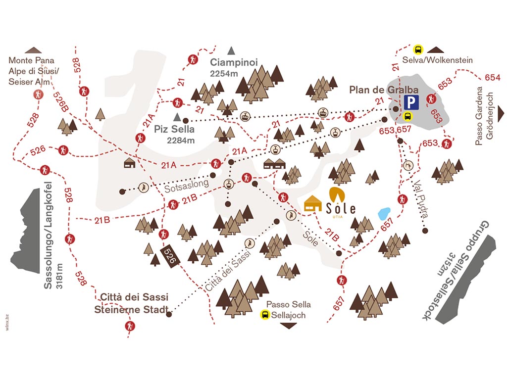 Cartina mountainbike Selva di Val Gardena - Plan de Gralba - Passo Sella