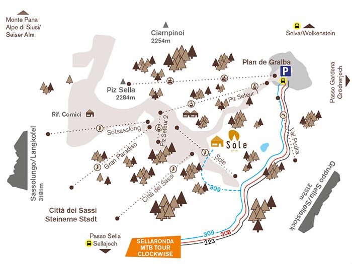 Cartina mountain bike Selva di Val Gardena - Plan de Gralba - Passo Sella