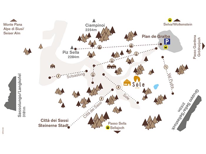 Cartina sciistica Selva di Val Gardena - Plan de Gralba - Città dei Sassi - Sellaronda